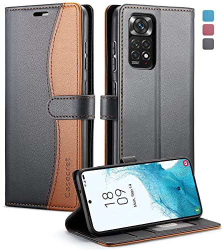 Casecret Handyhülle für Xiaomi Redmi Note 11 4G/Redmi Note 11S Hülle Premium Leder Magnetisch Klappbar Flip Case Magnet Brieftasche Kartenfach Klapphülle RFID Schutzhülle Lederhülle Schwarz und Braun von Casecret