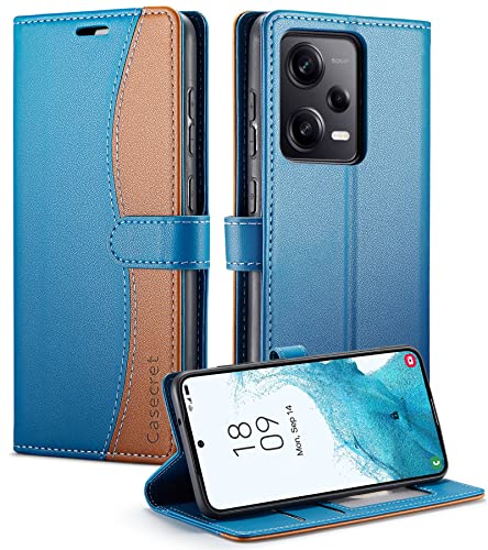 Casecret Handyhülle für Xiaomi Redmi Note 12 Pro 5G Hülle Premium Leder Klappbar Flip Wallet Magnet Magnetisch Kartenfach Klapphülle RFID Schutzhülle Lederhülle für Redmi Note 12 Pro 5G Blau und Braun von Casecret
