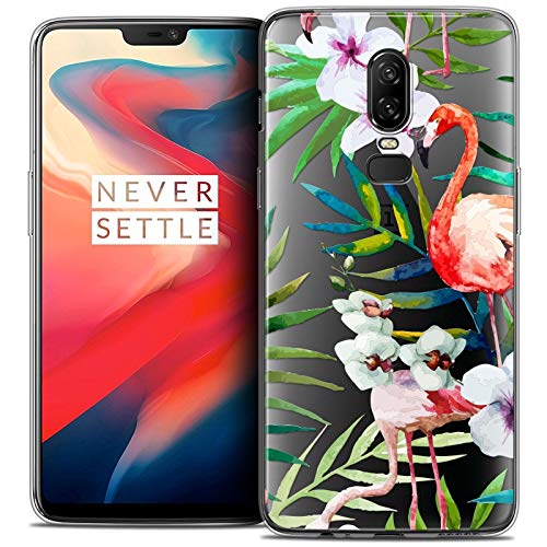 Caseink Hülle für OnePlus 6 (6.28) Schutzhülle Case [Crystal Gel Motif HD Kollektion Watercolor Design Tropical Flamingo - Flexibel - Ultra dünn - Gedruckt in Frankreich] von Caseink