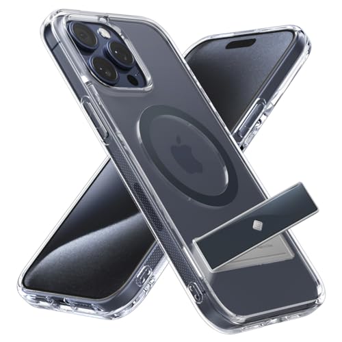 Caseology Capella Mag Kickstand Kompatibel mit iPhone 15 Pro Hülle [Schutz in Militärqualität] [Integrierter Ständer] mit Leistungsstarkem Magnet iPhone 15 Pro Hülle - Klar Titan Blau von Caseology