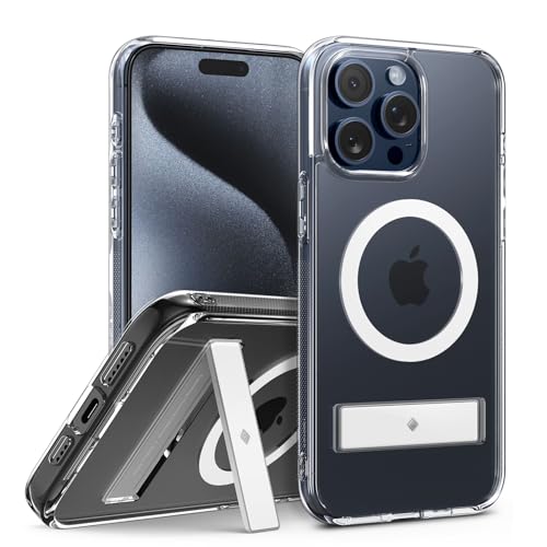 Caseology Capella Mag Kickstand Kompatibel mit iPhone 15 Pro Hülle [Schutz in Militärqualität] [Integrierter Ständer] mit Leistungsstarkem Magnet iPhone 15 Pro Hülle - Klar Weiß von Caseology