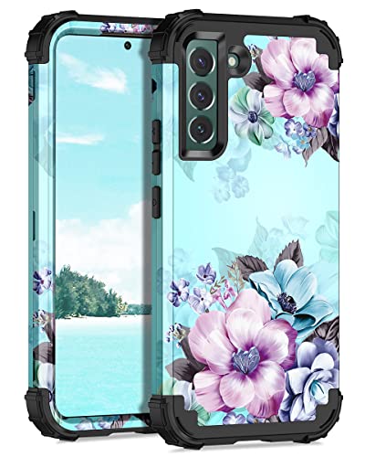 Casetego Kompatibel mit Galaxy S22 5G Hülle, Blumenmuster, dreilagig, strapazierfähig, stoßfest, Ganzkörper-Schutzhülle für Samsung Galaxy S22 5G, blaue Blume von Casetego