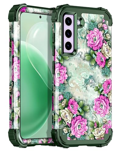 Casetego Schutzhülle für Samsung Galaxy S22 5G, Blumenmuster, dreilagig, robust, stoßfest, Ganzkörper-Schutzhülle für Samsung Galaxy S22 5G, Dunkelgrüne Blume von Casetego