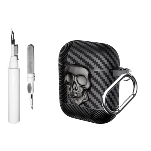 [3-in-1] Casevita Lock-Hülle, kompatibel mit AirPods 2/1 mit Schlüsselanhänger, weiches TPU, cooler Totenkopf, Kohlefaser, stoßfeste Schutzhülle für Herren, mit Reinigungsset von Casevita