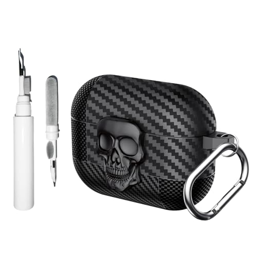 [3-in-1] Casevita Lock-Hülle, kompatibel mit Airpods Pro/Pro 2. Generation, mit Schlüsselanhänger, lustiger, cooler Totenkopf, Kohlefaser, stoßfeste Schutzhülle für Herren, mit Reinigungsset von Casevita
