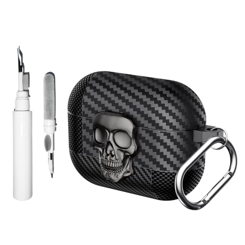 [3-in-1] Casevita Lock-Hülle, kompatibel mit Airpods Pro/Pro 2. Generation, mit Schlüsselanhänger, lustiger, cooler Totenkopf, Kohlefaser, stoßfeste Schutzhülle für Herren, mit Reinigungsset von Casevita