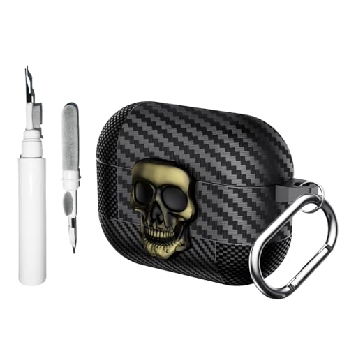 [3-in-1] Casevita Lock-Hülle, kompatibel mit Airpods Pro/Pro 2. Generation, mit Schlüsselanhänger, lustiger, cooler Totenkopf, Kohlefaser, stoßfeste Schutzhülle für Herren, mit Reinigungsset von Casevita