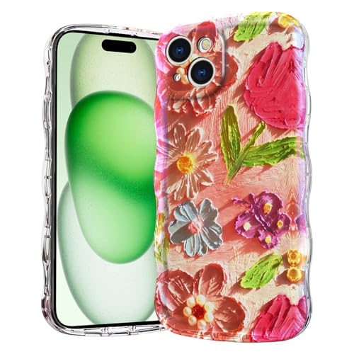 Casevita Magnetische Schutzhülle, kompatibel mit iPhone 16 Plus, niedlich, transparent, Retro, Ölblumen, gelockter Wellenrand, Ganzkörperschutz, schlank, stoßfest, kabellose Ladegeräte für Frauen von Casevita