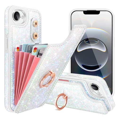 Casewind Schutzhülle für iPhone 16e, Glitzer, Klapphülle mit 5 Kartenfächern, 360° drehbarer Ringständer, stoßfest, für Damen und Mädchen, glänzende PU-Lederhülle für iPhone 16e, 15,5 cm (6,1 Zoll von Casewind