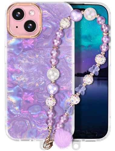 Casililor Kompatibel mit iPhone 15 Hülle 6,1" 2023 Schutzhülle Slim Glitzernde Handyhülle 15 Case mit Handykette Handyanhänger für Frauen und Mädchen Schmetterling Glitter Lila von Casililor