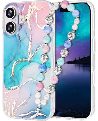Casililor Kompatibel mit iPhone 16 Plus Hülle mit Band Schutzhülle Glitzer Marmor Stoßfest Handyhülle 16 Plus Case mit Handykette Armband für Frauen und Mädchen Blau Marble von Casililor