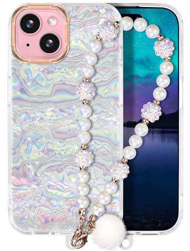 Kompatibel mit iPhone 15 Hülle 6,1" 2023 Schutzhülle Slim Stoßfest Handyhülle 15 Case mit Handy Perlen Schlüsselband für Frauen und Mädchen Bling Glitter Weiß von Casililor