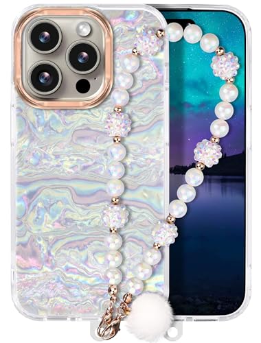 Kompatibel mit iPhone 15 Pro Hülle 6,1" 2023 Schutzhülle Slim Stoßfest Handyhülle 15 Pro Case mit Handy Perlen Schlüsselband für Frauen und Mädchen Bling Glitter Weiß von Casililor