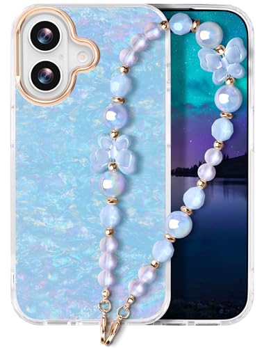 Kompatibel mit iPhone 16 Hülle 6,1" 2024 Schutzhülle Slim Glitzernde Stoßfest Handyhülle 16 Case mit Handygurt Handyanhänger für Frauen und Mädchen Bling Glitter Blau von Casililor