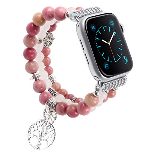 Naturedelstein Rhodonite Perlen Energiearmband Ersatzarmband Kompatibel mit Apple Watch 38mm 40mm 42mm 44mm Armband für Apple Watch Series 6/5/4/3/2/1, SE Charm Armband Tree of Life Baum des Lebens von Casililor