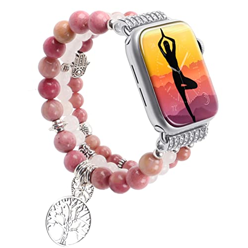 Naturedelstein Rhodonite Perlen Energiearmband Ersatzarmband Kompatibel mit Apple Watch 38mm 40mm 42mm 44mm Armband für Apple Watch Series 6/5/4/3/2/1, SE Charm Armband Tree of Life Baum des Lebens von Casililor