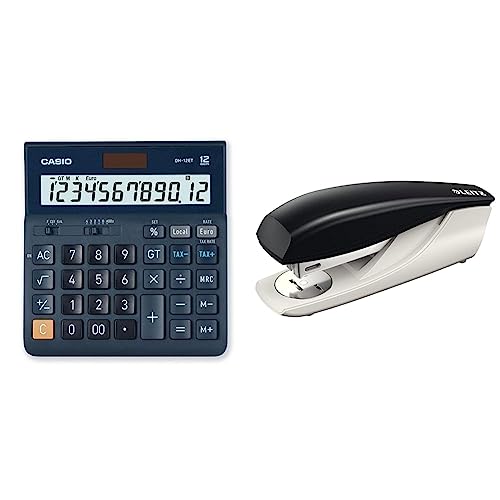 CASIO Tischrechner DH-12ET, 12-stellig, Steuerberechnung & Leitz NeXXt Bürotacker aus Metall, Für 30 Blatt, Ergonomisches Design mit Nachfüllanzeige, Inkl. Heftklammern, Schwarz, 55000095 von Casio