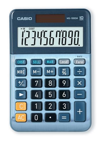 CASIO Tischrechner MS-100EM, 10-stellig, Währungsumrechnung, Cost/Sell/Margin, Aluminiumfront, Solar-/Batteriebetrieb von Casio