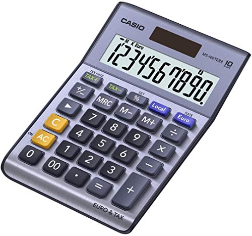 CASIO Tischrechner MS-100TERII, 10-stellig, Steuerberechnung, Währungsumrechnung, Aluminiumfront, Solar-/Batteriebetrieb von Casio