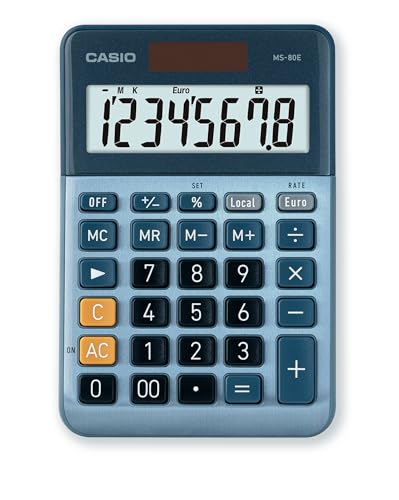 CASIO Tischrechner MS-80E, 8-stellig, Währungsumrechnung, Aluminiumfront, Schnellkorrekturtaste, Solar-/Batteriebetrieb von Casio