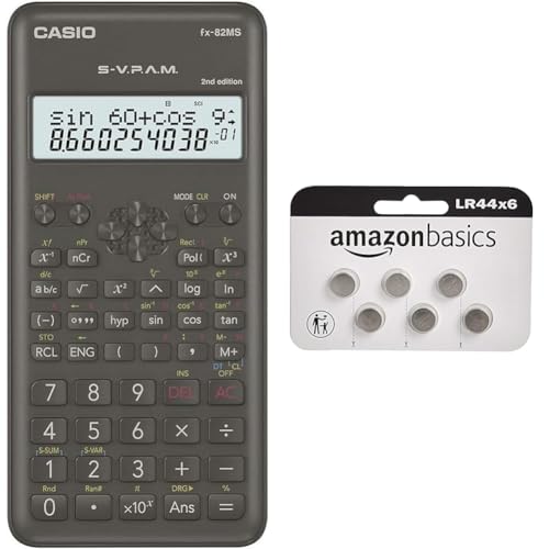 Casio FX-82MS-2 Wissenschaftlicher Taschenrechner, Batteriebetrieb, grau & Amazon Basics – LR44 Alkaline-Knopfzelle, 6 stück von Casio