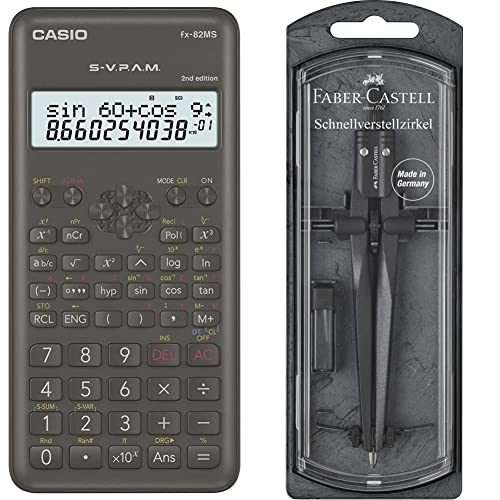 Casio FX-82MS-2 Wissenschaftlicher Taschenrechner, Batteriebetrieb, grau & Faber-Castell 174530 - Schnellverstellzirkel Stream, Blackstone, 1 Stück von Casio