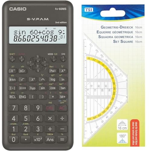 Casio FX-82MS-2 Wissenschaftlicher Taschenrechner, Batteriebetrieb, grau & TSI Geodreieck 16 cm, transparent, Art. Nr. 46302 von Casio