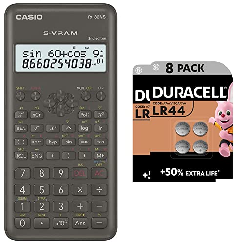 Casio FX-82MS-2 Wissenschaftlicher Taschenrechner + Duracell Specialty LR44 Alkali-Knopfzelle 1,5 V, 8er-Packung (76A/A76/V13GA) entwickelt für die Verwendung von Casio