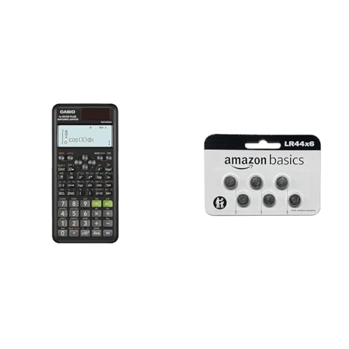 Casio fx-991ES Plus 2 Wissenschaftlicher Taschenrechner mit 417 Funktionen und Display, Natur & Amazon Basics – LR44 Alkaline-Knopfzelle, 6 stück von Casio