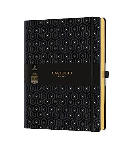 Castelli Milano Notizblock 25x19cm 192 Seiten kariert | Brulion Zeichenbuch | Zum Schreiben der Kalligraphie Schule Studium Arbeit | FSC Satin Lesezeichen Verschlussgummi | Honeycomb Gold von Castelli Milano