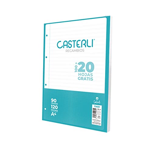 CASTERLI - 72631 Nachfüllpack 100+20 Blatt mit Rand. Größe: A4, 4 Bohrer, 90 g Papier (A4, PAUTA 2,5 mm) von Casterli