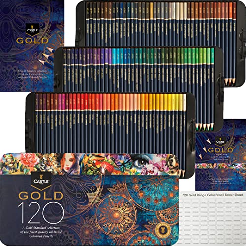 Castle Art Supplies 120 Buntstifte-Set (Gold-Standard) | Hochwertige Farbkerne auf Ölbasis, spitzer & widerstandsfähiger gegen Bruch | Für erfahrene Künstler, Farbkünstler | Präsentationsbox aus Blech von Castle Art Supplies