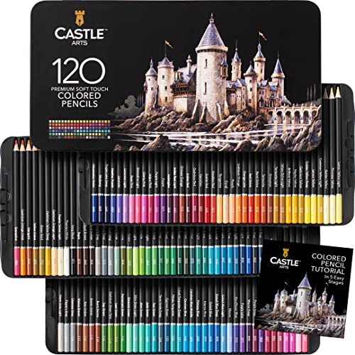 Castle Art Supplies 120 Buntstifte Set | Hochwertige Farbminen mit weichem Kern für Profi-, erfahrene und Farbkünstler | Geschützt und sortiert in einer Präsentationsbox aus Blech von Castle Art Supplies