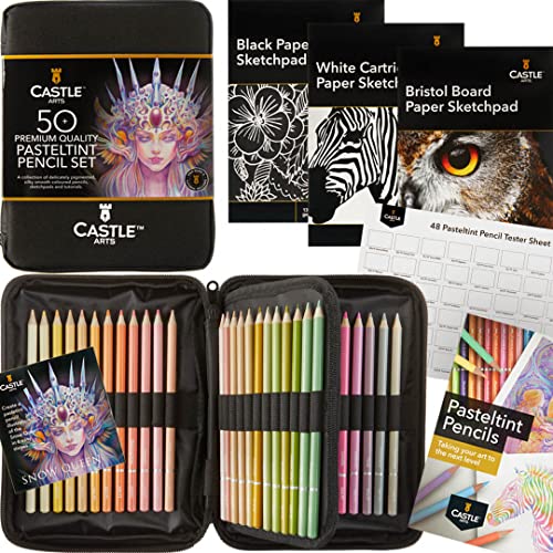 Castle Art Supplies 48-teiliges Pastellstifte-Set mit Extras | Farben in sanfte, satte Töne | Für professionelle und erfahrene Künstler | Übersichtliches, robustes Reißverschlussetui von Castle Art Supplies