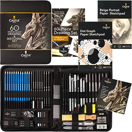 Castle Art Supplies 60-teiliges Zeichen-/Skizzier-Set | Hochwertige Grafit, Kohle, Pastell, Wasservermalbare Stifte und Stäbchen, Fineliner | Für Berufs- und Profikünstler | Reißverschluss-Etui von Castle Art Supplies