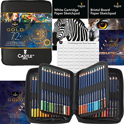 Castle Art Supplies Gold Standard 72 Buntstifte-Set mit Extras | Hochwertige Farbkerne auf Ölbasis, spitzer & widerstandsfähiger gegen Bruch | Für erfahrene Künstler, Farbkünstler | Reißverschlussetui von Castle Art Supplies