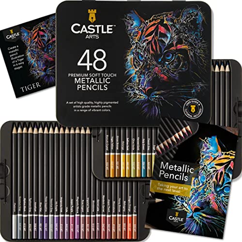 Castle Art Supplies Metallic-Stifte-Set | Farbminen in 48 schimmernden Farbtönen mit Wachskernen für erfahrene Künstler, Profi- und Farbkünstler | Präsentationsbox aus Blech von Castle Art Supplies