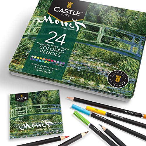 Castle Arts – 24 themenorientierte Buntstifte in einer Metallkiste, für Kunstwerke à la Monet. Hochwertige, weiche Spitzen – ideal zum Vermischen & Schaffen von Dimension für zauberhafte Ergebnisse von Castle Art Supplies