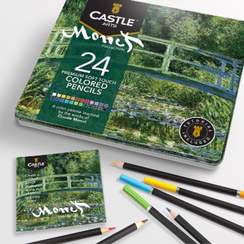 Castle Arts – 24 themenorientierte Buntstifte in einer Metallkiste, für Kunstwerke à la Monet. Hochwertige, weiche Spitzen – ideal zum Vermischen & Schaffen von Dimension für zauberhafte Ergebnisse von Castle Art Supplies