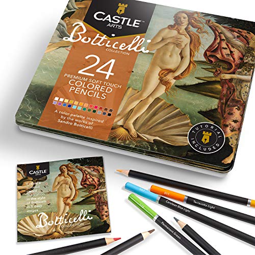 Castle Arts Bleistift-Set mit 24 Buntstiften, in Blechbox, perfekt von Botticelli inspirierte Farben Mit hochwertigen, glatten farbigen Kern von Castle Art Supplies