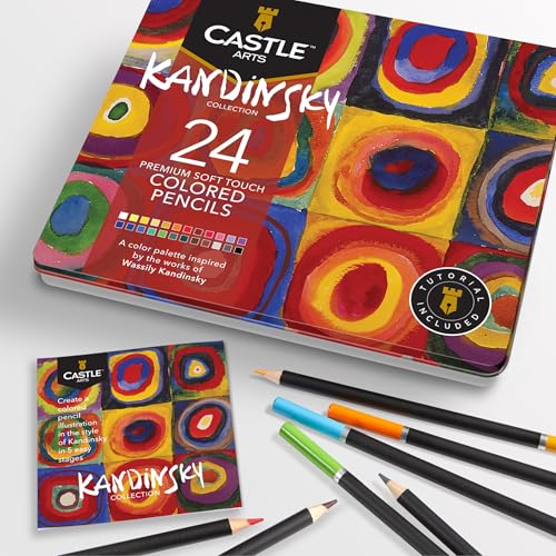 Castle Arts Buntstifte-Set mit 24 Buntstiften, in Blechbox, Kandinsky"-inspirierte Farben mit hochwertigen, glatten farbigen Kernen, hervorragender Misch- und Schichtleistung für tolle Ergebnisse von Castle Art Supplies