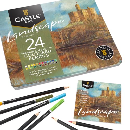 Metallbox mit 24 Buntstiften mit Castle Arts Thema, ideal für die Kunst "Landschaft". Hochwertige Bleistifte mit weichen Farbtönen für ein wunderschönes Ergebnis von Castle Art Supplies