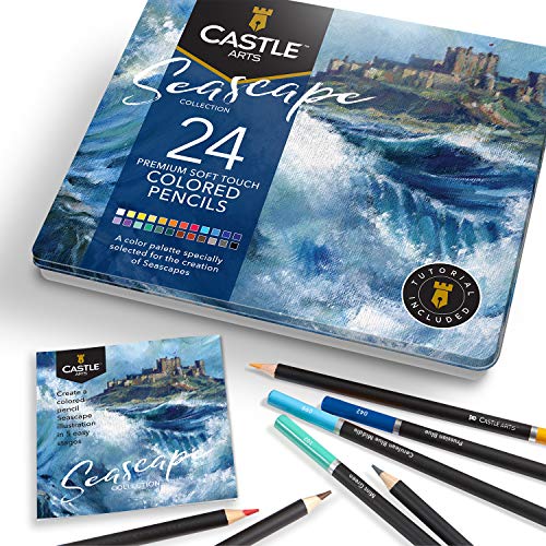 Castle Arts Themed 24 Buntstiftsets in Blechdose, perfekte Farben für 'Meeresblick'. Mit hochwertigem, glattem Farbkern, hervorragender Misch- und Überlagerungsleistung für großartige Ergebnisse von Castle Art Supplies