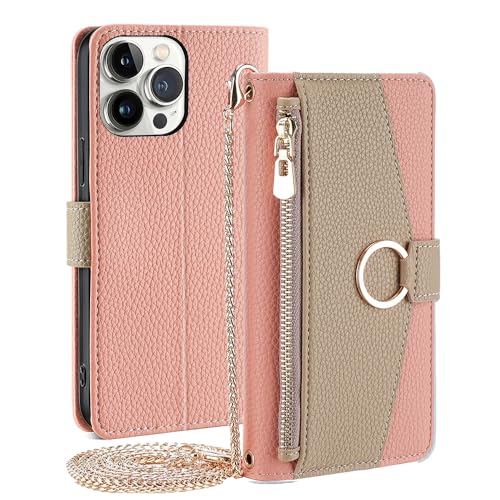 CasurvivePro Brieftaschenetui für Google Pixel 8 Pro mit Umhängegurt, magnetische Handtaschen-Reißverschlusstaschenhüllen PU-Leder stoßfest Flip-Cover mit Ständer hülle für Google Pixel 8 Pro Rosa von CasurvivePro