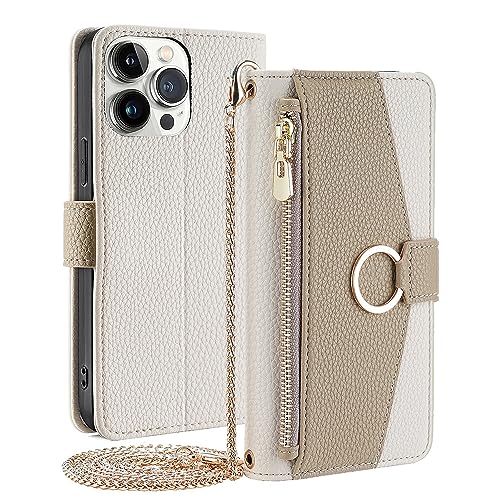 CasurvivePro Brieftaschenetui für iPhone 12/iPhone 12 Pro mit Umhängegurt, magnetische Handtaschen-Reißverschlusstaschenhüllen PU-Leder stoßfest Flip-Cover mit Ständer hülle für iPhone 12 Pro Weiss von CasurvivePro