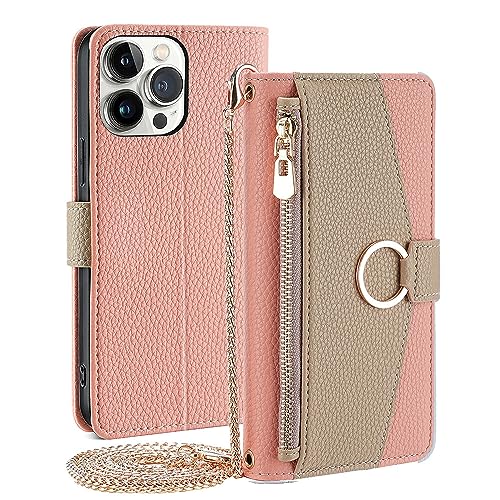 CasurvivePro Brieftaschenetui für iPhone 13 Pro mit Umhängegurt, magnetische Handtaschen-Reißverschlusstaschenhüllen PU-Leder stoßfest Flip-Cover mit Ständer hülle für iPhone 13 Pro Rosa von CasurvivePro