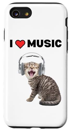 Süße alberne Katze mit Kopfhörern I Heart Music Hülle für iPhone SE (2020) / 7 / 8 von Cat Lover Designs