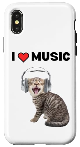 Süße alberne Katze mit Kopfhörern I Heart Music Hülle für iPhone X/XS von Cat Lover Designs