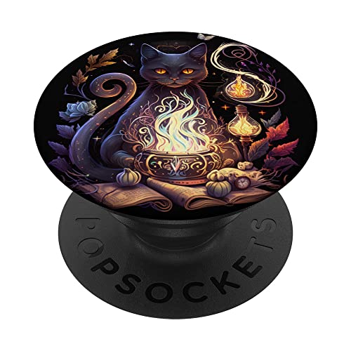 Niedliche schwarze Hexenkatze mit Mondphasen, für Tarot-Fans, Katze PopSockets Klebender PopGrip von Cat Lover Kitty Gifts