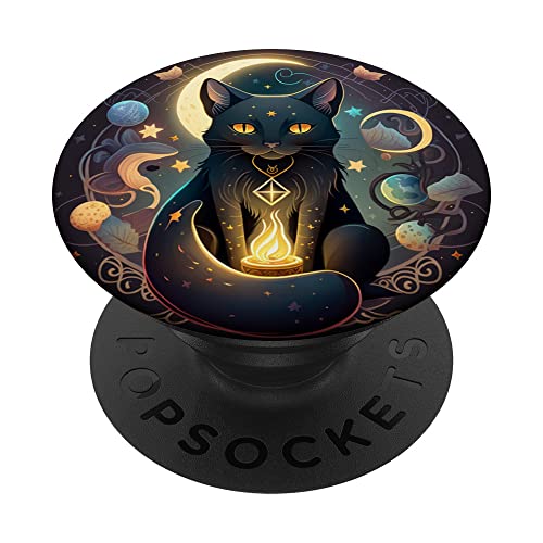 Niedliche schwarze Hexenkatze mit Mondphasen, für Tarot-Fans, Katze PopSockets Klebender PopGrip von Cat Lover Kitty Gifts